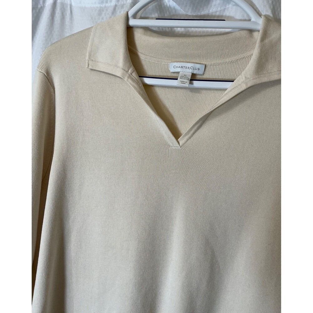 Charter Club Women Silk Pullover Sweater XL 3/4 Sleeve Cream Quiet Luxury